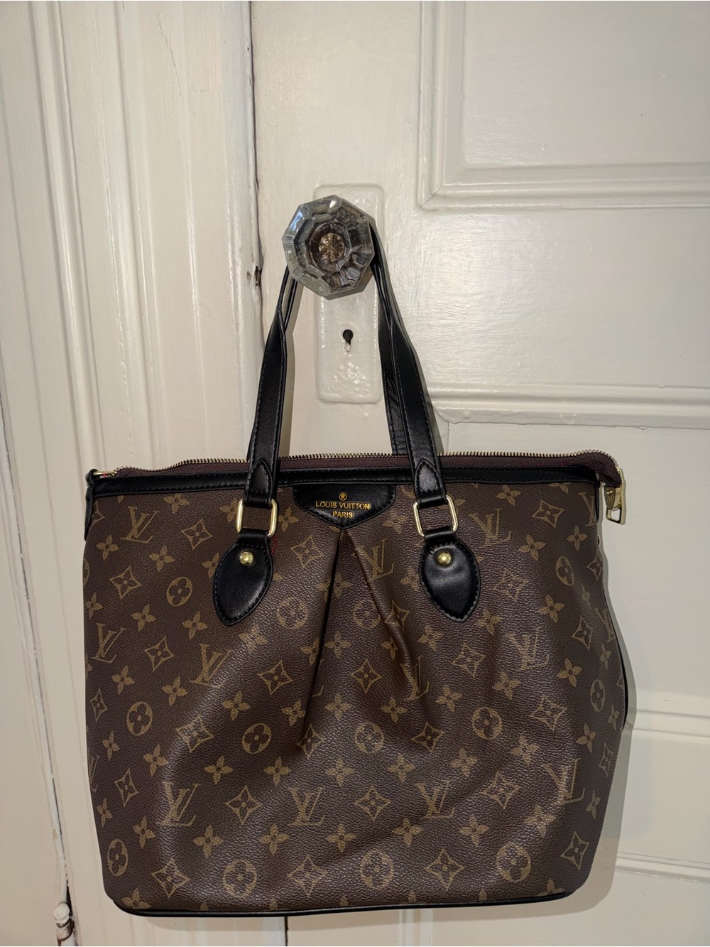 Brown/black zip top tote bag purse long brown guitar strap medium size - Picture 2 of 12